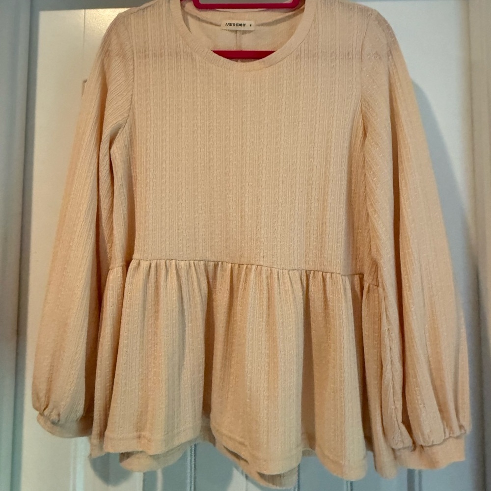 Anthropologie Cream Peplum Long-Sleeve Textured Top